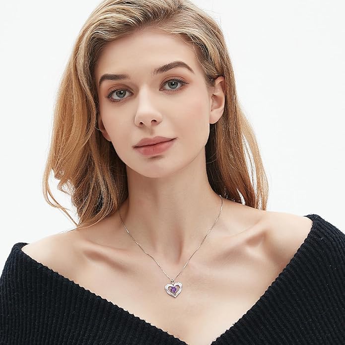 Jurikko Heart Necklaces Valentine's Gift for Women, Birthstone 925 Sterling Silver Angel Wings Love Pendant Necklaces for Women, Jewelry Gifts for Wife, Anniversary, Mother's day