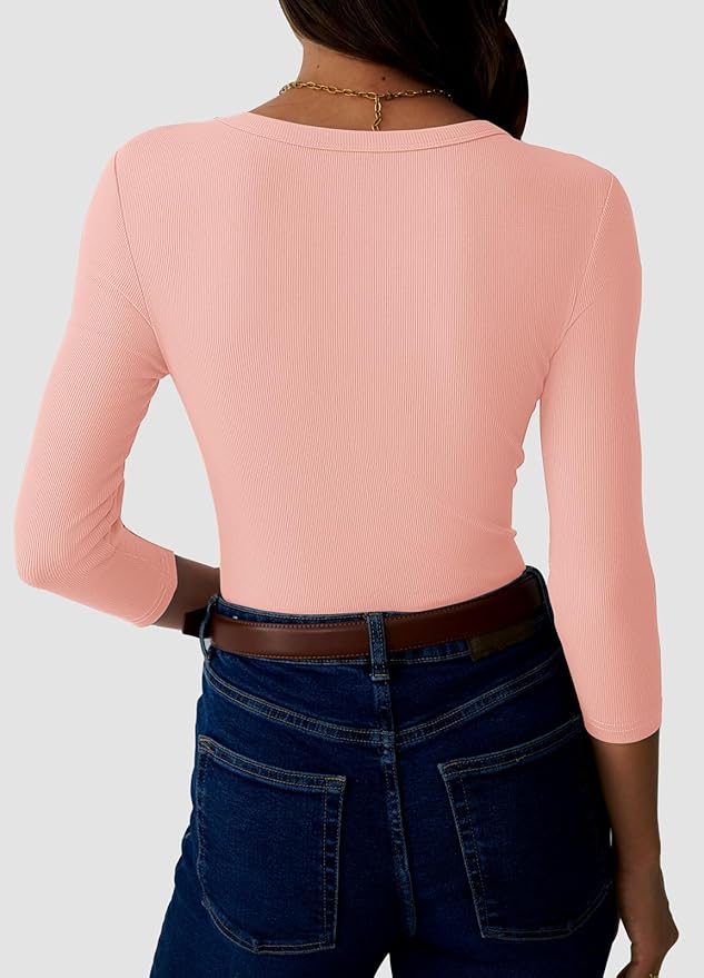Womens 3/4 Sleeve Scoop Neck Top Ribbed Knit Slim Fitted Casual Basic Tee Shirts 2025 Fall Trendy Work T-Shirt Outfits