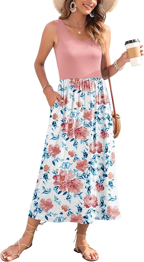 WNEEDU Women's Summer Maxi Dress 2026 Casual Sleeveless Hawaiian Sundress Tropical Long Dress Beach Vacation Outfit