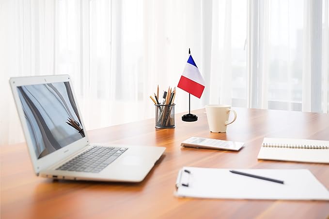 USA American & France French Desk Flags, US France Office Table Flag, Small Mini Miniature French and US Desktop Flag With 13" Solid Black Pole, Black Base