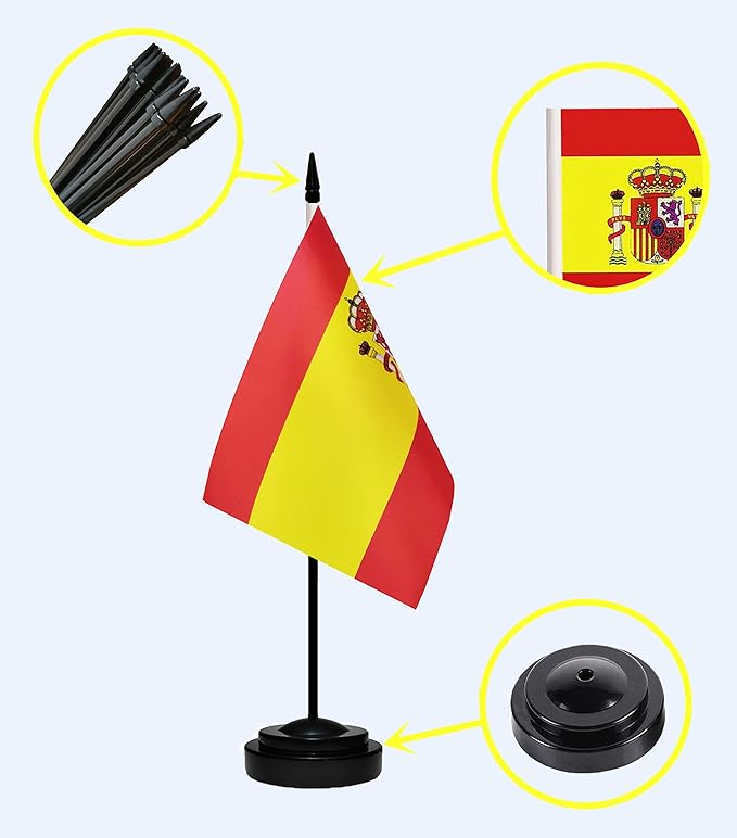 Spain Spanish Deluxe Desk Flag Set, Small Mini Miniature Spain Spanish Table Desktop Flags With Solid Pole, Black Base and Spear Top(2 Pack)