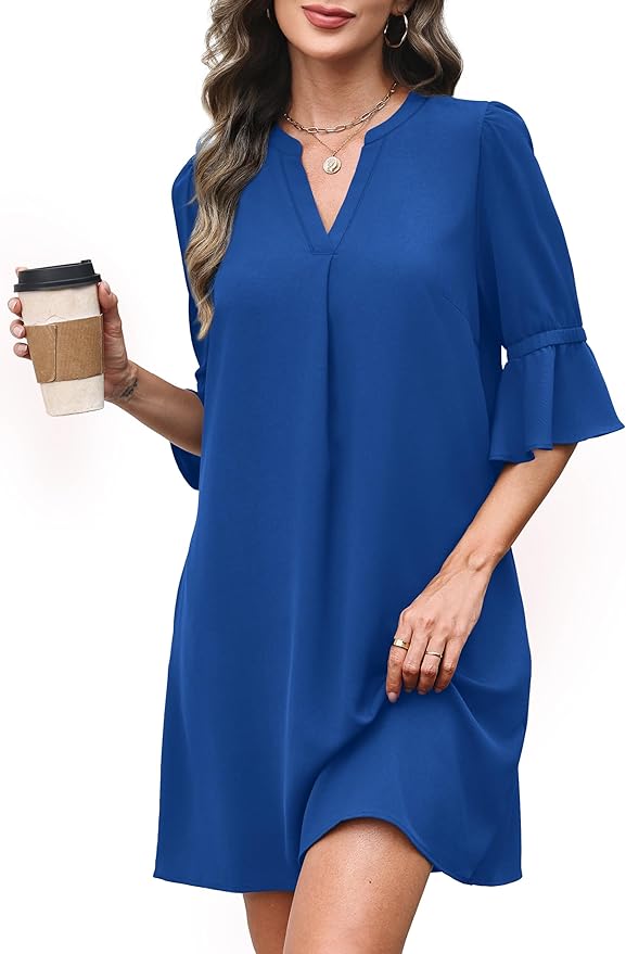 RUMIA Shift Dress for Women V Neck Ruffle Short Sleeve Loose Casual Summer Dress