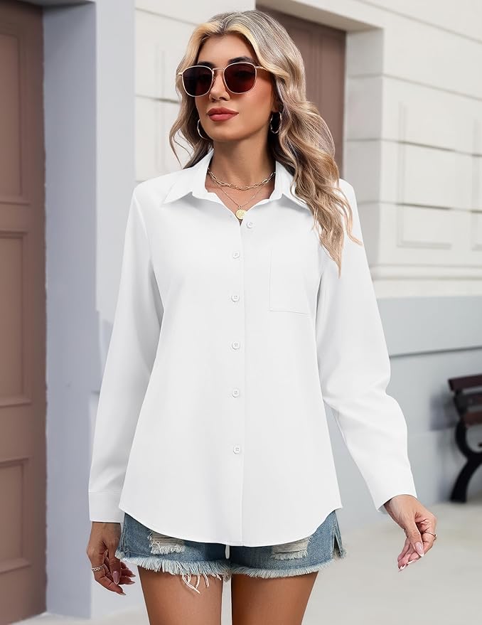 HOTOUCH Button Down Shirts for Women Long Sleeve Blouse Dressy Casual Business Work Tops with Pocket