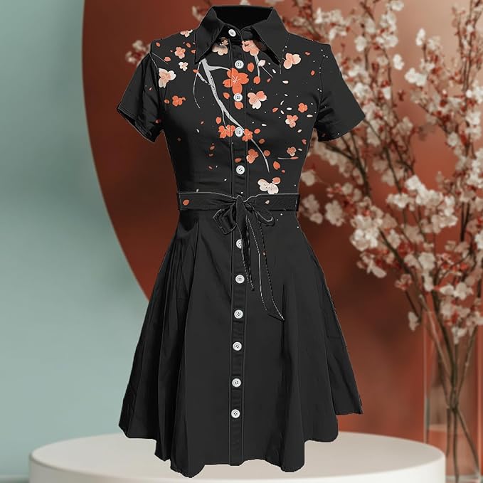 MARSVOVO Japanese Art Shirt Dresses for Women Short Sleeve Ruffle Button Down Tie Waist Trendy Elegant Midi Dress