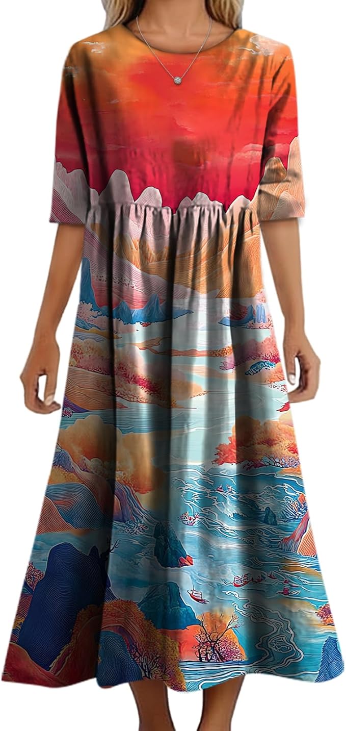 MARSVOVO Trendy Dresses for Women 2025 Classic Fairy Flowy Sundress Relaxed Fit Dress with Side Pockets