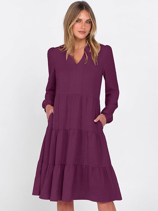 ANRABESS Womens Fall Midi Dresses Long Sleeve V Neck Swing Tiered Work Business Casual 2026 Flowy Beach Vacation Dress