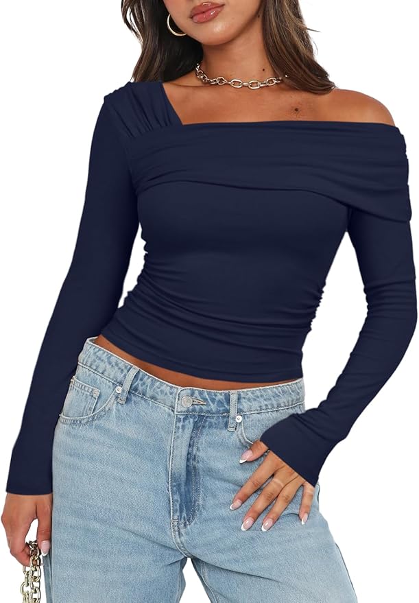 Darong Women's Off Shoulder Tops Y2K Shirt Slim Fit Ruched Crop Top Long Sleeves Spring Fall Blouse Going Out Shirt