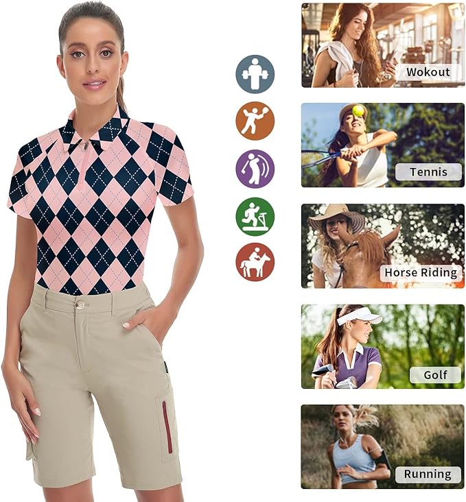 Women's Golf Shirt Short Sleeve Tennis Shirt Quarter Zip Golf Pullover Golf Polo Shirts Argyle Tops