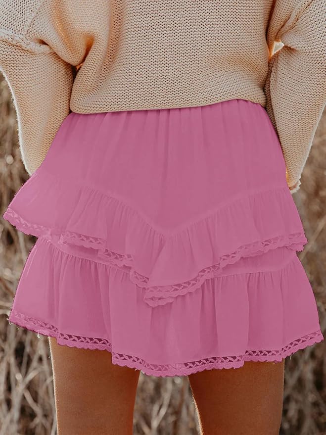 Aoudery Flowy Shorts for Women Casual Boho Ruffle Tiered Skorts High Waist Mini Skirts Golf Tennis Crochet Shorts