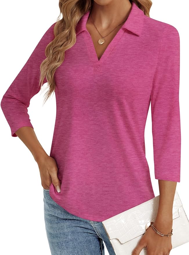 3/4 Length Sleeve Womens Tops Dressy Casual V Neck Polo Shirts Business Work Blouses 2025 Trendy Tunic Top