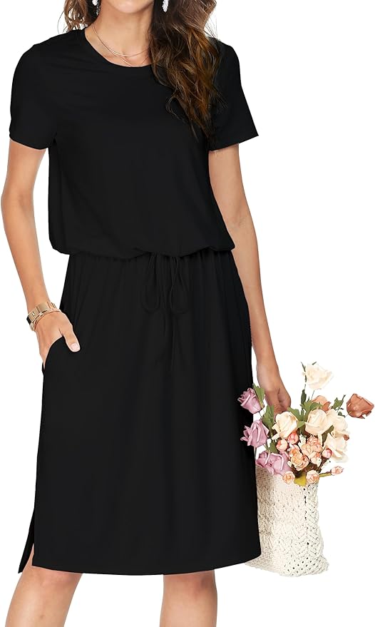 Simier Fariry Womens Spring Hide Belly Knee Length Travel Dress Pocket Summer Short Sleeve Midi Work Casual Outfits