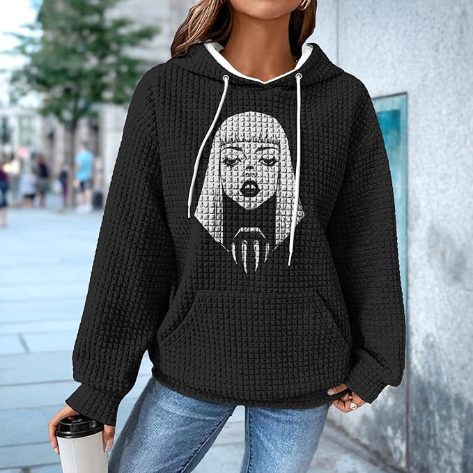 domirica Black Pullover Sweatshirts For Women Trendy Long Sleeve Waffle Sweatshirt With Hood Comfy Fall Clothing Qutfits