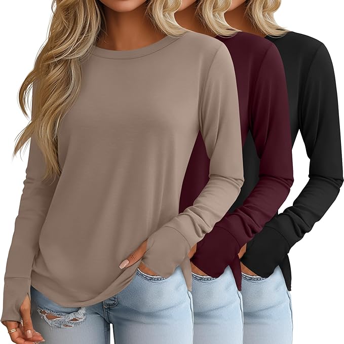 Huukeay 3 Pack Women's Long Sleeve Shirts with Thumb Holes, Cotton Casual Crew Neck Tunic Tops Fall Loose Y2k Trendy Outfits