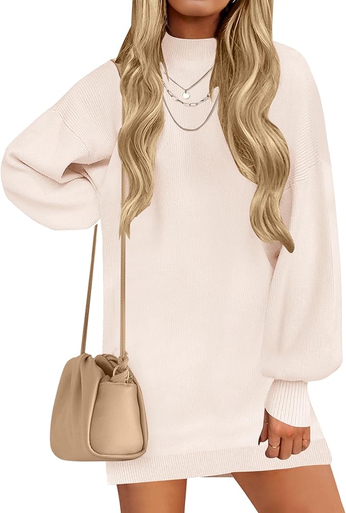 ZESICA Women's 2026 Fall Turtleneck Sweater Dress Oversized Long Lantern Sleeve Casual Knit Pullover Mini Dresses