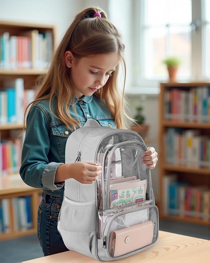 KIMNERPU Clear Backpack, Heavy Duty Transparent Bookbag for School, Fabric & PVC Transparent Backpack with Reinforced Strap for Women Men, Capacity Clear Bag for College, Travel, X-Large Grey