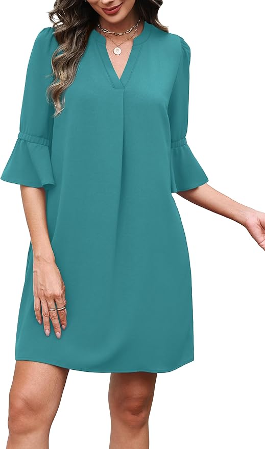 RUMIA Shift Dress for Women V Neck Ruffle Short Sleeve Loose Casual Summer Dress