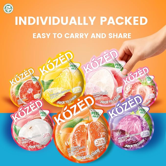 Happy Global Kozed Peelable Gummy Candy 14 Mixed Flavors Variety Pack, Fun Fruity Role Party Snack, Chewy Sweet Treat with Juicy Flavor,Halal-Certified Holiday Gifts