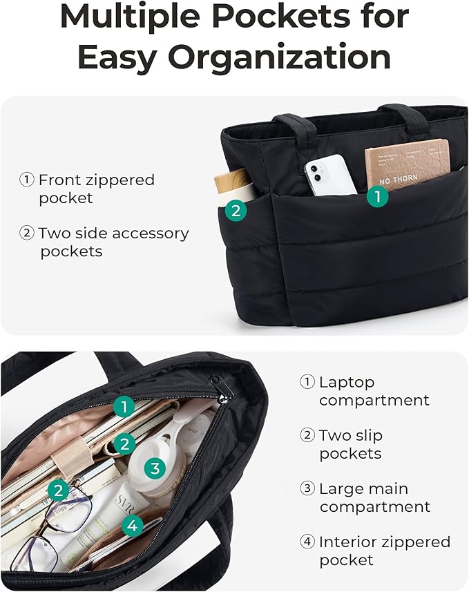 BAGSMART Tote Bag for Women, Lightweight Puffy Tote Bag with Compartments Shoulder Bag Handbag for Travel, Work, Gym | Lightweight, Puffy, Tote Bag with Compartments, Quilted, for Travel, Work