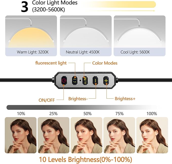Lash Light for Eyelash Tech-Esthetician Ring Lantern, Half Moon Light for Led Lash Lamp Extensions, Tattoo Artists, Nail Tech - Cool, Warm Lamp with Adjustable Brightness & Height, Phone Holder, White