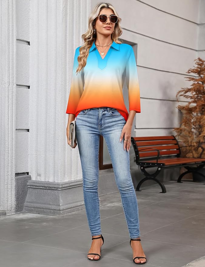 LOMON 3/4 Length Sleeve Womens Tops 2026 Spring Summer Collared Polo Shirts V Neck Casual Basic Polos Tees Shirt