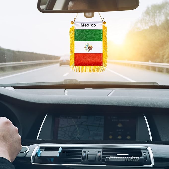 ZXvZYT 3 X 5 Inch Mexico Window Hanging Flag Mexican Small Mini Car Flags Banners Rearview Mirror Decoration - with Suction Cup & Golden Fringy Banner(2 Pack)