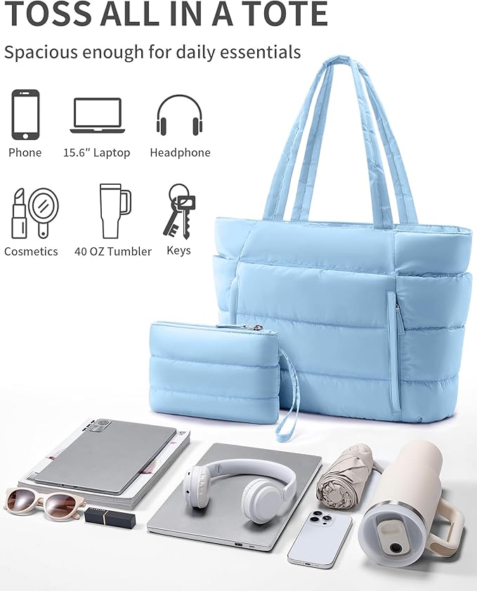 Puffer Tote Bag for Women, Lightweight Puffy Work Handbag Teacher Nurse Quilted Shoulder Bag for School Travel Gym | Quilted, with Zipper, Daily Carry On Bags, Comfy College Bags, 15.6" Laptop Sleeve, Cup Holder Pocket, Portable, Spacious