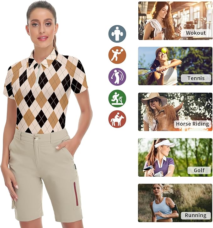 Women's Golf Shirt Short Sleeve Tennis Shirt Quarter Zip Golf Pullover Golf Polo Shirts Argyle Tops