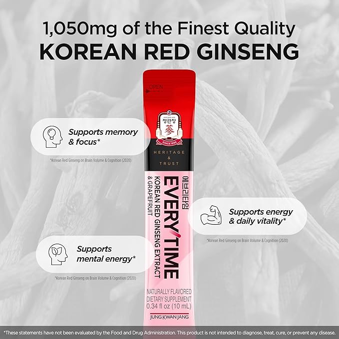 JUNG KWAN JANG Everytime Korean Red Ginseng Extract 1,000mg & Grapefruit - Vegan Energy Drink Liquid Stick Supplements - No Caffeine, No Gluten, Non-GMO 0.34 fl oz, 10EA (Pack of 6)