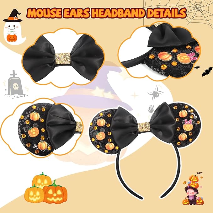 ETLUK Halloween Headband with Pumpkin & Orange Acrylic Rhinestones, Sparkly Sequin Bow Halloween Mouse Ears Accessories for Women, Girls, Adults