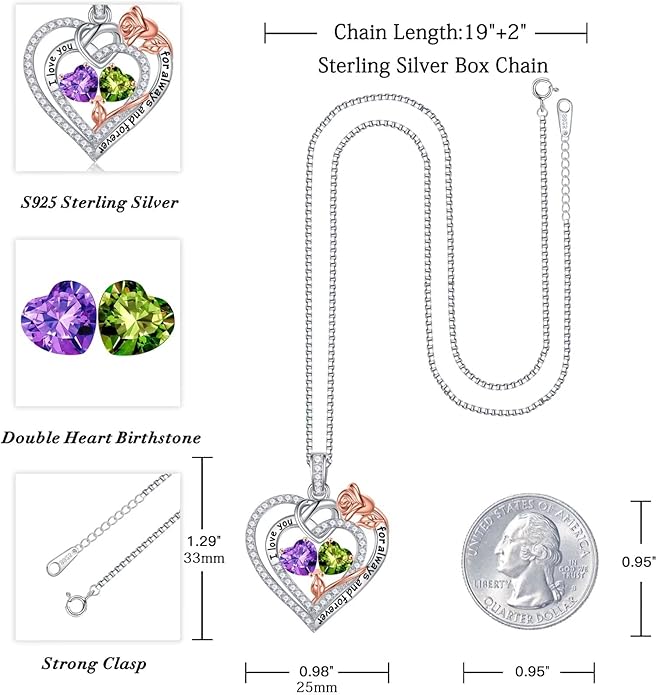Iefil Valentines Day Gifts for Her - 925 Sterling Silver Double Birthstone Necklace, Anniversary Birthday Gifts for Women, Jewelry Gift for Wife Girlfriend Mom Her