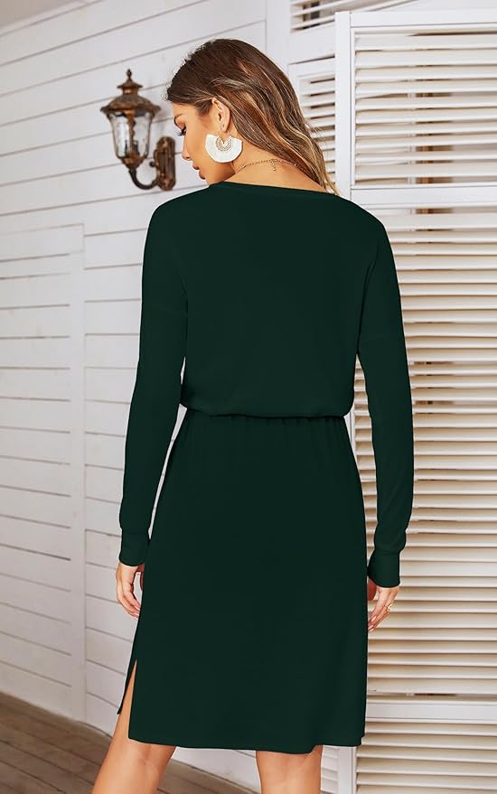 Simier Fariry Womens Spring Hide Belly Knee Length Travel Dress Pocket Summer Short Sleeve Midi Work Casual Outfits