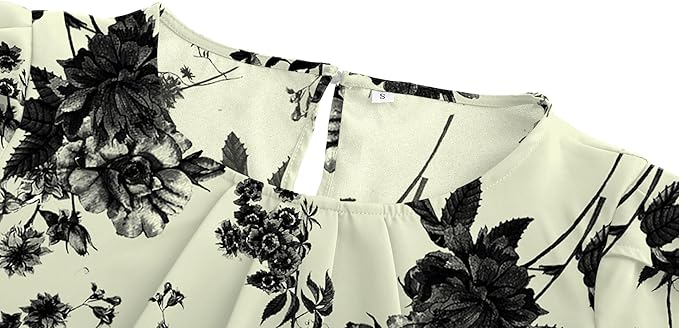 TASAMO Women's Casual Round Neck Basic Pleated Top Cap Sleeve Curved Keyhole Back Chiffon Blouse