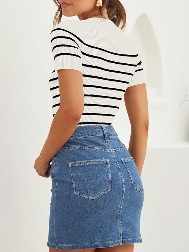 ZESICA Women's Short Sleeve Crewneck Striped T Shirt 2026 Summer Ribbed Knit Slim Fit Casual Basic Tee Tops