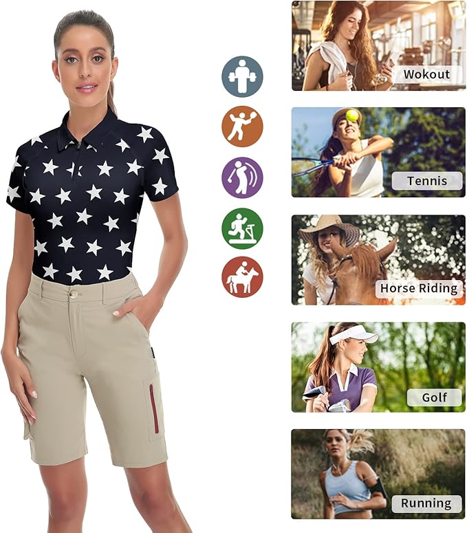 Women's Golf Shirt Short Sleeve Tennis Shirt Quarter Zip Golf Pullover Golf Polo Shirts Argyle Tops