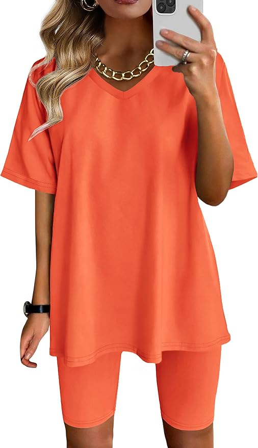 AGSEEM Two Piece Outfits For Women Summer V Neck T-Shirt Tops Biker Shorts Workout Sports Tracksuit