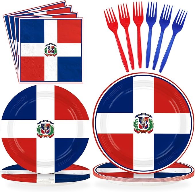 Greencian 96Pcs Dominican Republic Flag Party Decorations Dominican National Plates and Napkins Red White and Blue Flag Tableware Set for Patriotic Country Festival Party Supplies Serves 24