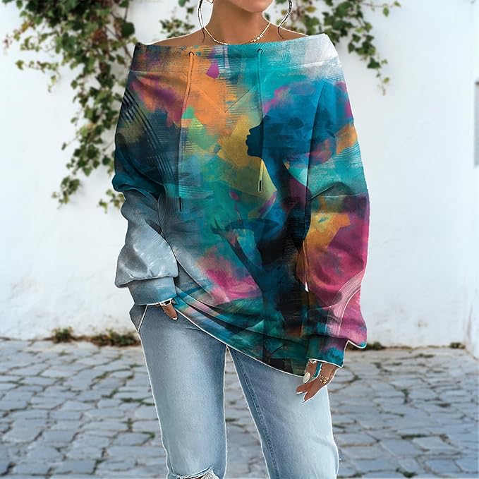 Womens Sweatshirts Floral Print Sexy Off The Shoulder T Shirts Oversized Long Sleeve Pullover Fall Tops