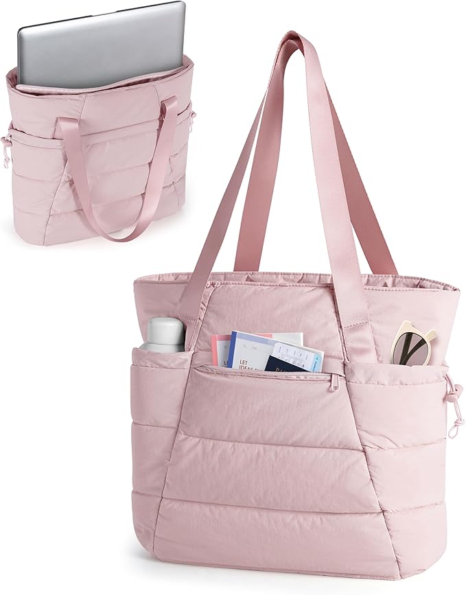 Puffer Tote Bag for Women, Lightweight Tote Bag for Work and School, Pink
