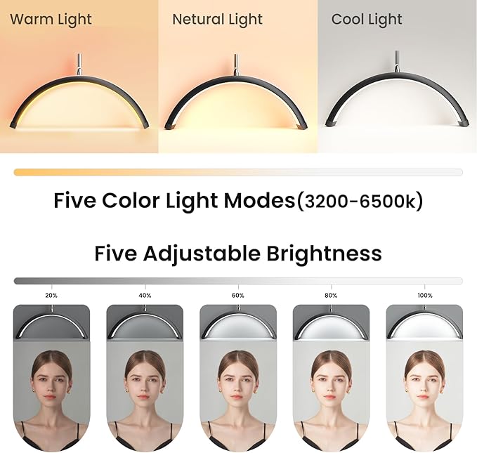 Lash Light, Half Moon Lamp with Tool Tray, LED Moon Light for Eyelash Extensions, Flexible and Adjustable Color Modes, Suitable for Beauty Salons and Beginner DIY (Black)