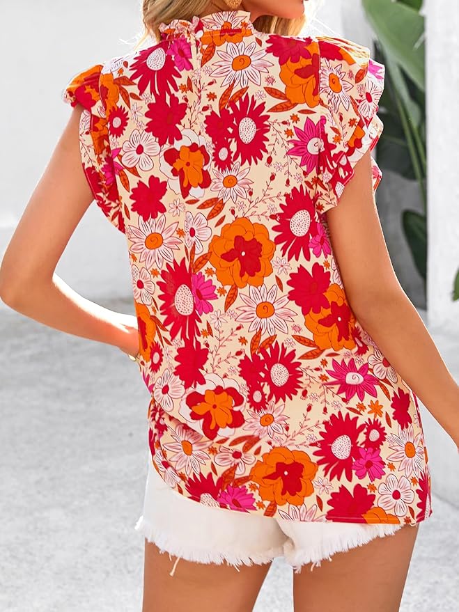 PRETTYGARDEN Women's Ruffle Short Sleeve Summer Tops 2026 Trendy Floral Trim Neck Casual Dressy Chiffon Boho Blouses Shirts