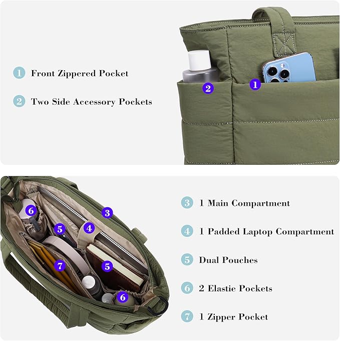 AOCINA Puffer Tote Bag for Women Quilted Work Bag Nurse Bags Women's Shoulder Handbags for Travel Gym Gifts Laptop Purse