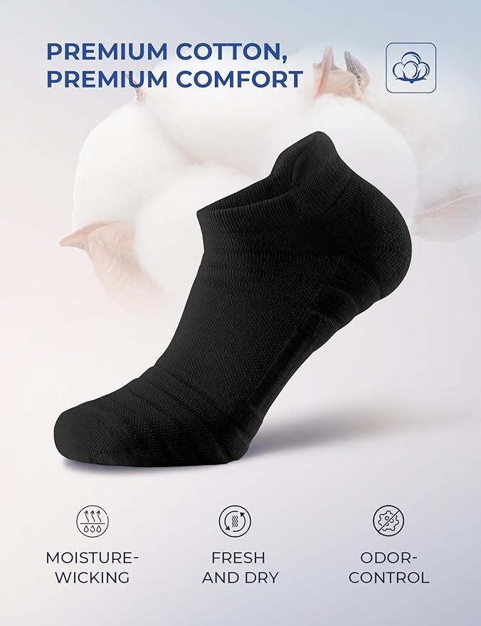 CS CELERSPORT 6 Pack Athletic Running Ankle Socks, Cotton Low Cut Cushioned Anti-Blister Tab Sports Socks Men Women