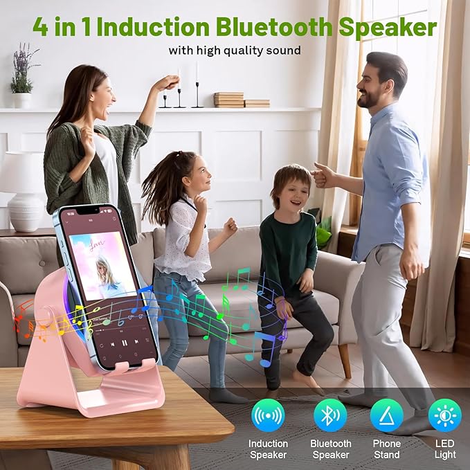 Wireless Induction Speaker, 4 in1 Phone Stand Bluetooth Speaker Amplifier with Colorful Ambient Light 360° Rotation Holder for Tablet iPhone Android,Portable Birthday Gifts for Adults Teens (Pink)