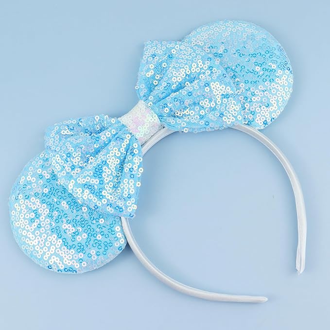 LIHELEI Mouse Ears Headband for Princess, Blue Cinderella Elsa Headbands for Women Halloween Costume, Sequin Bows Headwear Hair Accessories - Light Blue
