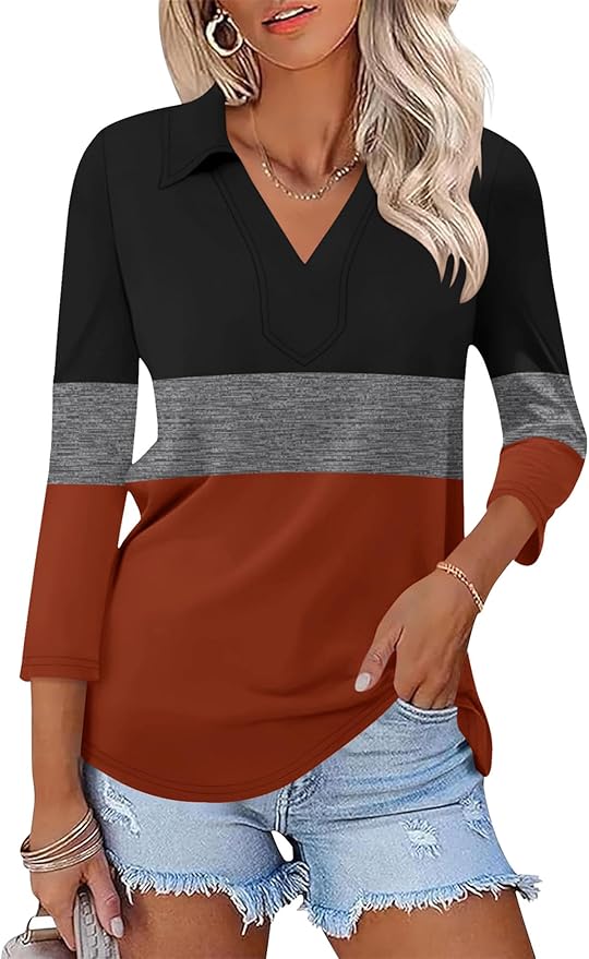 LOMON 3/4 Length Sleeve Womens Tops 2026 Spring Summer Collared Polo Shirts V Neck Casual Basic Polos Tees Shirt