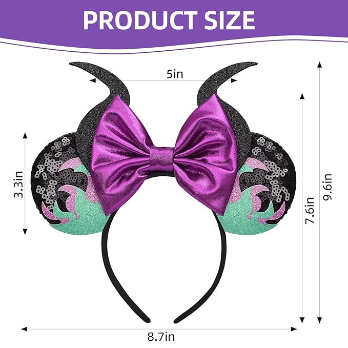 Seamoy Sequin Mouse Ears Headband,Halloween Mice Ears Hairband, Maleficent Horn Design, Costume Headwear, Purple, One Size Fits All(Maleficent Purple)