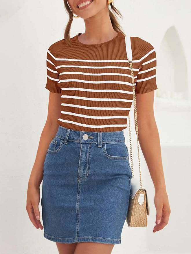 ZESICA Women's Short Sleeve Crewneck Striped T Shirt 2026 Summer Ribbed Knit Slim Fit Casual Basic Tee Tops