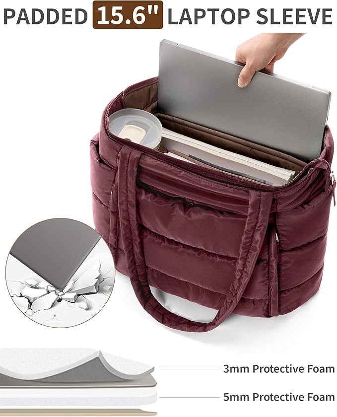 Puffer Tote Bag for Women, Lightweight Puffy Work Handbag Teacher Nurse Quilted Shoulder Bag for School Travel Gym | Quilted, with Zipper, Daily Carry On Bags, Comfy College Bags, 15.6" Laptop Sleeve, Cup Holder Pocket, Portable, Spacious