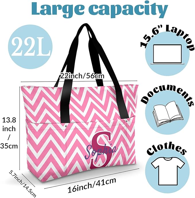 Custom Tote Bag for Women with Name Monogram for Work, Shopping, Travel, Beach