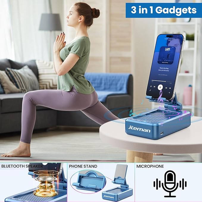 JTEMAN Phone Stand with Wireless Bluetooth Speaker, HD Surround Sound Bluetooth Speaker for Desk Perfect for Home Kitchen Gadgets Gifts,Compatible with iPhone/ipad/Samsung Galaxy(Blue)